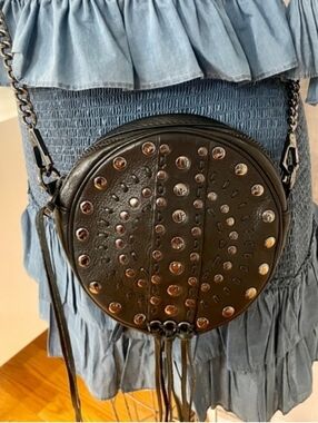 REBECCA MINKOFF- Round Black Studded Crossbody Bag with Fringe